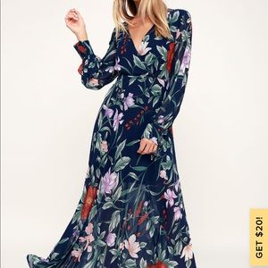 Navy blue floral print long sleeve maxi dress